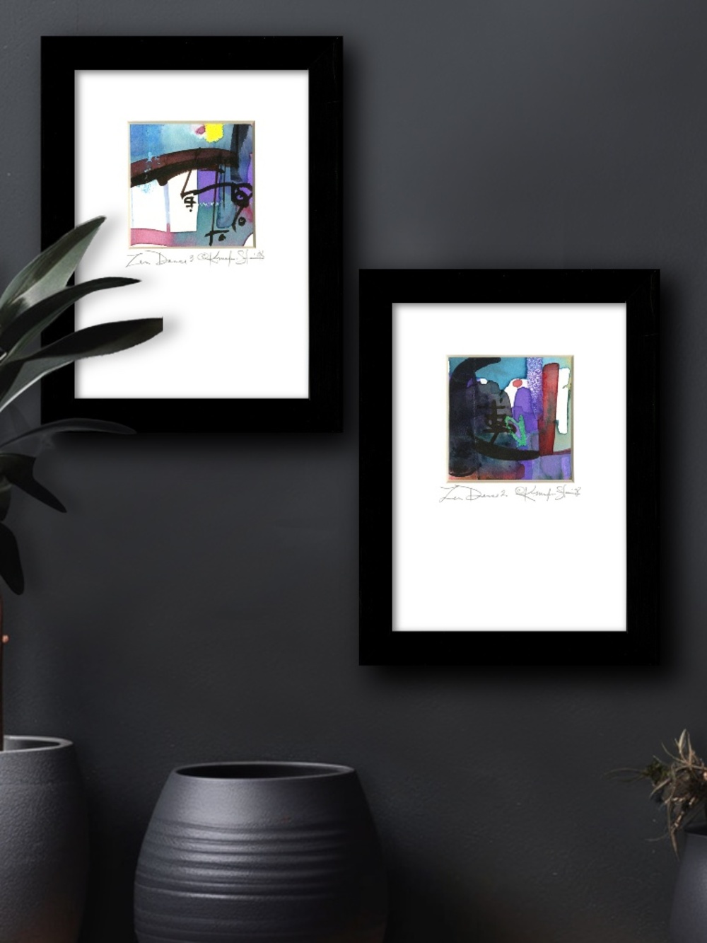 2 Original Small Zen Abstract paintings in 5x7mat - Zen Dance Collection